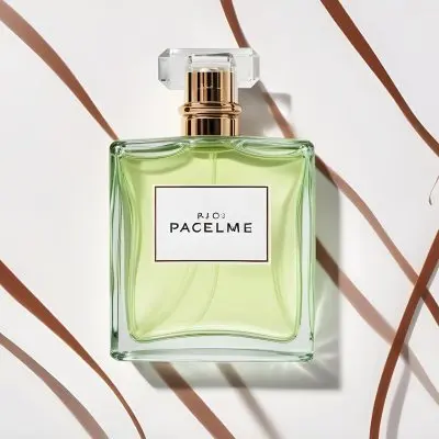 A Glass Bottle Of Perfume On A White Striped Background 12