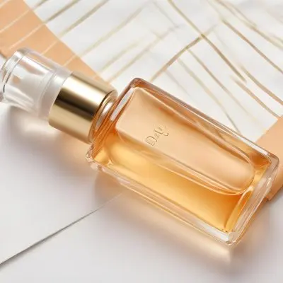 A Glass Bottle Of Perfume On A White Striped Background 41 187a