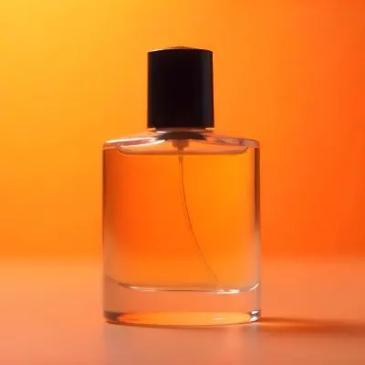 A Glass Bottle Of Perfume Or Cologne On An Orange Background 1