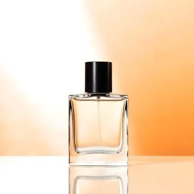A Glass Bottle Of Perfume Or Cologne On An Orange Background 17