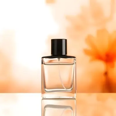 A Glass Bottle Of Perfume Or Cologne On An Orange Background 21