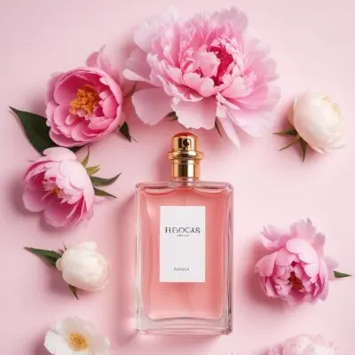 A Glass Bottle Of Pink Perfume Surrounded By Pink And White Flowers Likely Peonies Or Roses On A Light Pink Background 1 6e83