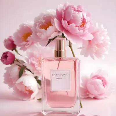 A Glass Bottle Of Pink Perfume Surrounded By Pink And White Flowers Likely Peonies Or Roses On A Light Pink Background 14 4773