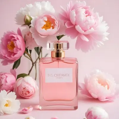 A Glass Bottle Of Pink Perfume Surrounded By Pink And White Flowers Likely Peonies Or Roses On A Light Pink Background 15 78a6