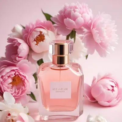 A Glass Bottle Of Pink Perfume Surrounded By Pink And White Flowers Likely Peonies Or Roses On A Light Pink Background 16 7ef7