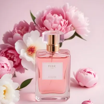A Glass Bottle Of Pink Perfume Surrounded By Pink And White Flowers Likely Peonies Or Roses On A Light Pink Background 17 5916