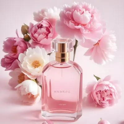 A Glass Bottle Of Pink Perfume Surrounded By Pink And White Flowers Likely Peonies Or Roses On A Light Pink Background 18 05be