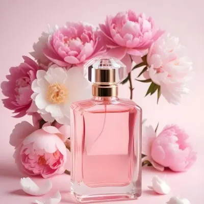 A Glass Bottle Of Pink Perfume Surrounded By Pink And White Flowers Likely Peonies Or Roses On A Light Pink Background 2