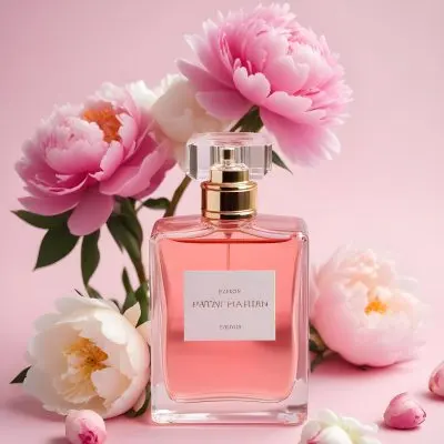 A Glass Bottle Of Pink Perfume Surrounded By Pink And White Flowers Likely Peonies Or Roses On A Light Pink Background 20 B803