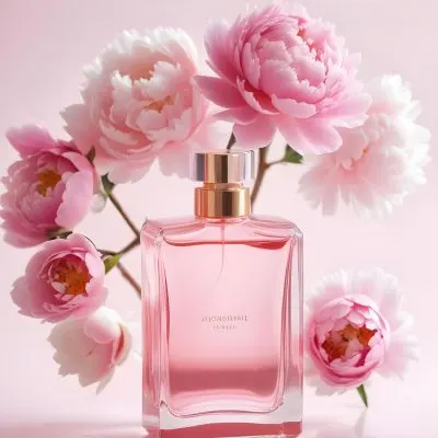 A Glass Bottle Of Pink Perfume Surrounded By Pink And White Flowers Likely Peonies Or Roses On A Light Pink Background 22 5899