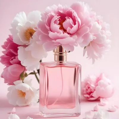 A Glass Bottle Of Pink Perfume Surrounded By Pink And White Flowers Likely Peonies Or Roses On A Light Pink Background 23 B516