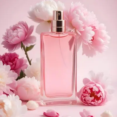 A Glass Bottle Of Pink Perfume Surrounded By Pink And White Flowers Likely Peonies Or Roses On A Light Pink Background 4