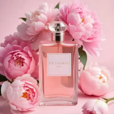 A Glass Bottle Of Pink Perfume Surrounded By Pink And White Flowers Likely Peonies Or Roses On A Light Pink Background 6 B508