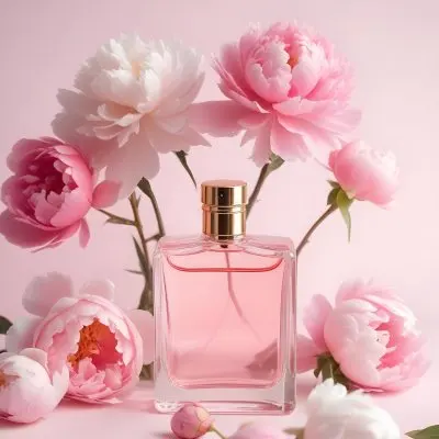 A Glass Bottle Of Pink Perfume Surrounded By Pink And White Flowers Likely Peonies Or Roses On A Light Pink Background 7 4abd