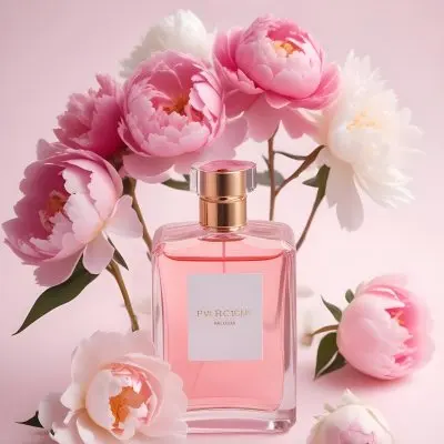 A Glass Bottle Of Pink Perfume Surrounded By Pink And White Flowers Likely Peonies Or Roses On A Light Pink Background 8 D727