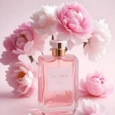 A Glass Bottle Of Pink Perfume Surrounded By Pink And White Flowers Likely Peonies Or Roses On A Light Pink Background 9 1575