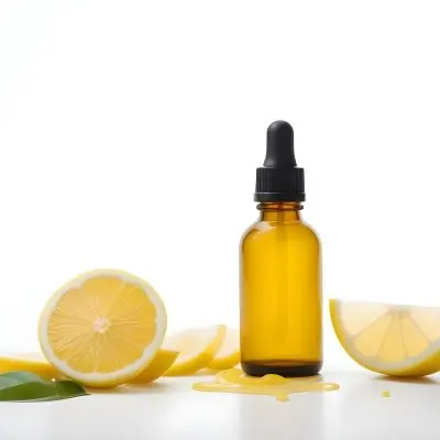 A Glass Bottle Of Yellow Liquid With A Dropper Surrounded By Sliced Lemons On A White Background 1 959d
