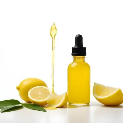 A Glass Bottle Of Yellow Liquid With A Dropper Surrounded By Sliced Lemons On A White Background 11 7a77