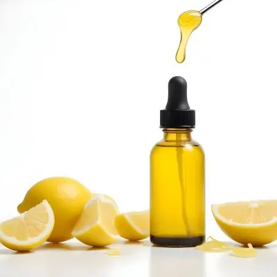 A Glass Bottle Of Yellow Liquid With A Dropper Surrounded By Sliced Lemons On A White Background 12 075d