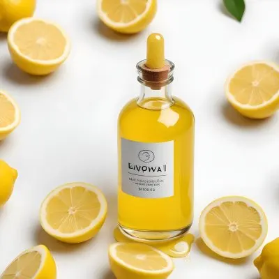 A Glass Bottle Of Yellow Liquid With A Dropper Surrounded By Sliced Lemons On A White Background 14 0c55