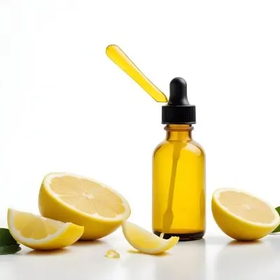 A Glass Bottle Of Yellow Liquid With A Dropper Surrounded By Sliced Lemons On A White Background 20 Ac8b