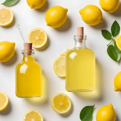 A Glass Bottle Of Yellow Liquid With A Dropper Surrounded By Sliced Lemons On A White Background 7 7015