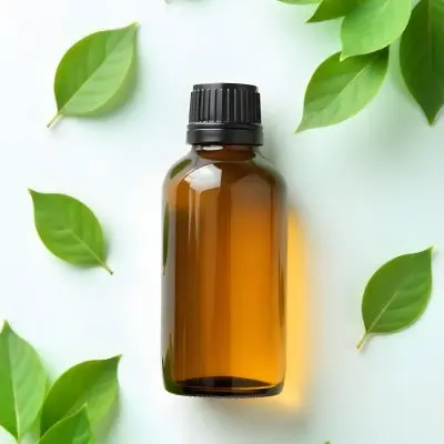 A Glass Bottle Of Yellow Liquid With A Green Leaf Branch In The Background 6