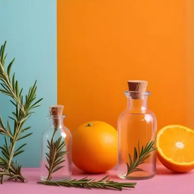 A Glass Bottle With A Dropper A Orange And A Sprig Of Rosemary On A Pink And Orange Background 2