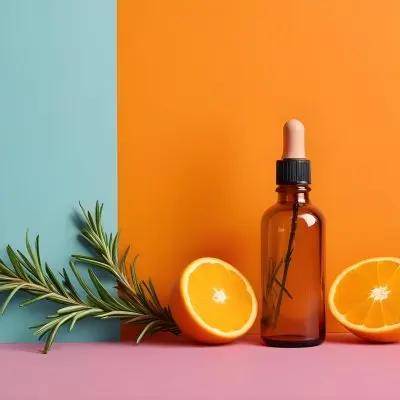 A Glass Bottle With A Dropper A Orange And A Sprig Of Rosemary On A Pink And Orange Background 4