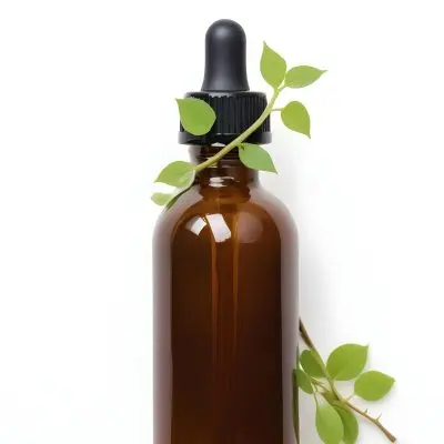 A Glass Bottle With A Dropper And Fresh Green Leaves Against A White Background 6 671f