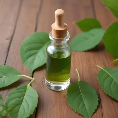 A Glass Bottle With A Dropper Cap On A Wooden Surface With Green Leaves In The Background 15 522c