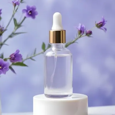 A Glass Bottle With A Dropper Filled With A Purple Flower Surrounded By More Purple Flowers In The Background 12 90dc