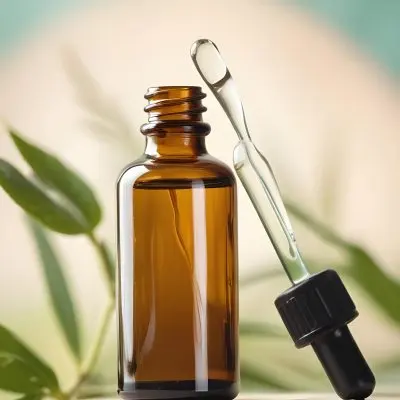 A Glass Bottle With A Dropper Filled With Amber Colored Liquid Surrounded By Green Leaves 8 72bc