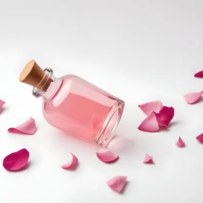 A Glass Bottle With A Glass Stopper Filled With Pink Liquid Surrounded By Scattered Pink Rose Petals On A White Background 15 3c31