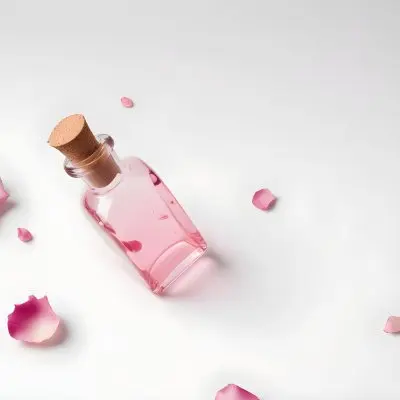 A Glass Bottle With A Glass Stopper Filled With Pink Liquid Surrounded By Scattered Pink Rose Petals On A White Background 19 6ac9