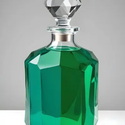 A Glass Decanter Filled With Green Liquid A Faceted Crystal Stopper Clear Glass Geometric Shape Studio Lighting And A Plain Background 3 E9f8