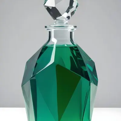 A Glass Decanter Filled With Green Liquid A Faceted Crystal Stopper Clear Glass Geometric Shape Studio Lighting And A Plain Background 33 9ba5