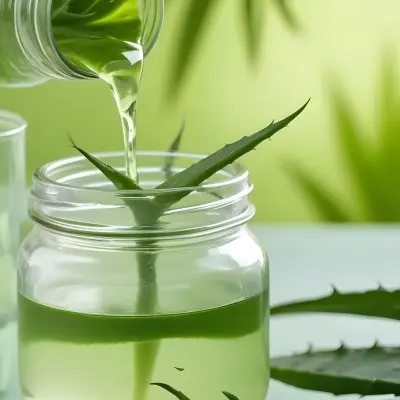 A Glass Jar Filled With A Clear Liquid Likely Aloe Vera Gel With Fresh Aloe Vera Leaves In The Background Against A Blurred Green Background 10 2d21