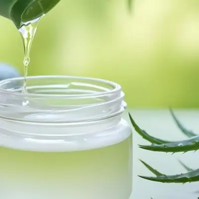 A Glass Jar Filled With A Clear Liquid Likely Aloe Vera Gel With Fresh Aloe Vera Leaves In The Background Against A Blurred Green Background 21 15ef