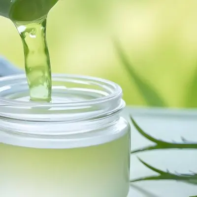 A Glass Jar Filled With A Clear Liquid Likely Aloe Vera Gel With Fresh Aloe Vera Leaves In The Background Against A Blurred Green Background 27 Dc90