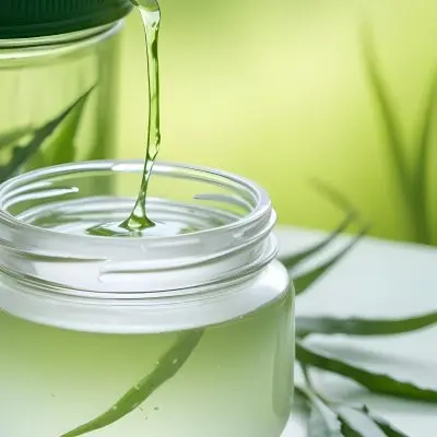 A Glass Jar Filled With A Clear Liquid Likely Aloe Vera Gel With Fresh Aloe Vera Leaves In The Background Against A Blurred Green Background 4 A758