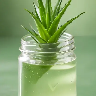 A Glass Jar Filled With A Clear Liquid Likely Aloe Vera Gel With Fresh Aloe Vera Leaves In The Background Against A Blurred Green Background 7 64ba