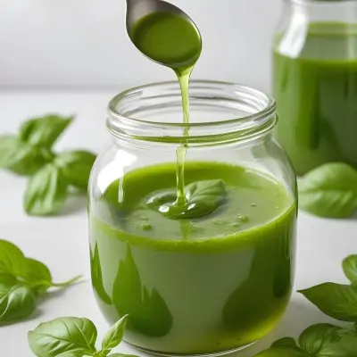 A Glass Jar Filled With Green Liquid Likely An Oil Or Dressing With A Spoon Dipping Into It Fresh Green Basil Leaves Are Scattered Around The Container And A Second Glass Container With A Similar Green Liquid Is Vi C0f4