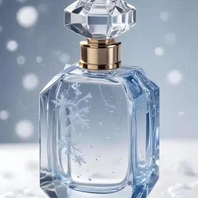 A Glass Perfume Bottle With A Crystal Like Design Sitting On A Reflective Surface With A Snowy Blurred Background 3 1b5e