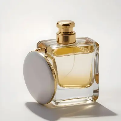 A Glass Perfume Bottle With A Gold Cap Sitting On A White Surface With Soft Shadows 1 4e71