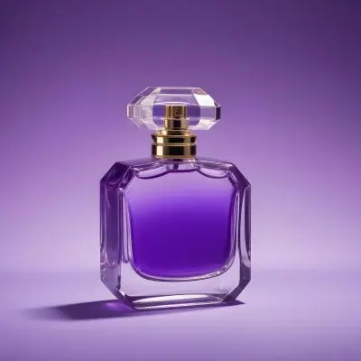 A Glass Perfume Bottle With Purple Liquid Inside Against A Purple Background 35 08f5