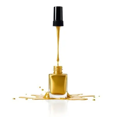 A Golden Nail Polish Bottle With A Drop Falling Into It And The Brush Above It On A White Background 10 08b4