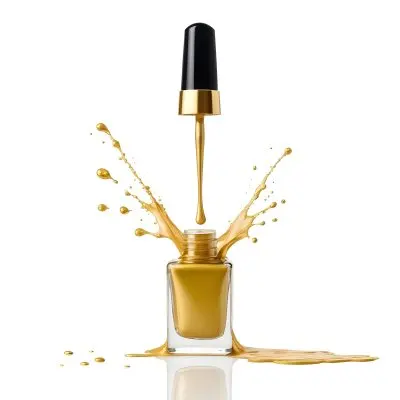 A Golden Nail Polish Bottle With A Drop Falling Into It And The Brush Above It On A White Background 11 78e3