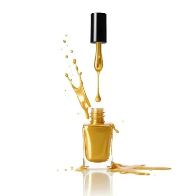 A Golden Nail Polish Bottle With A Drop Falling Into It And The Brush Above It On A White Background 12 De3a
