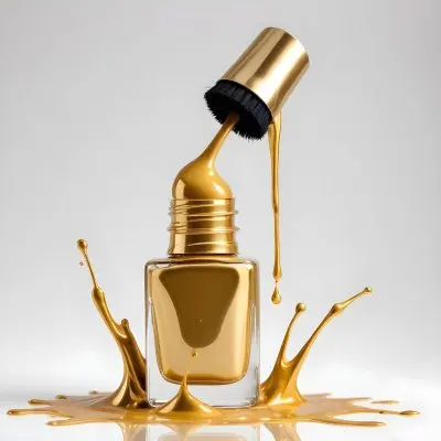 A Golden Nail Polish Bottle With A Drop Falling Into It And The Brush Above It On A White Background 13 66a7